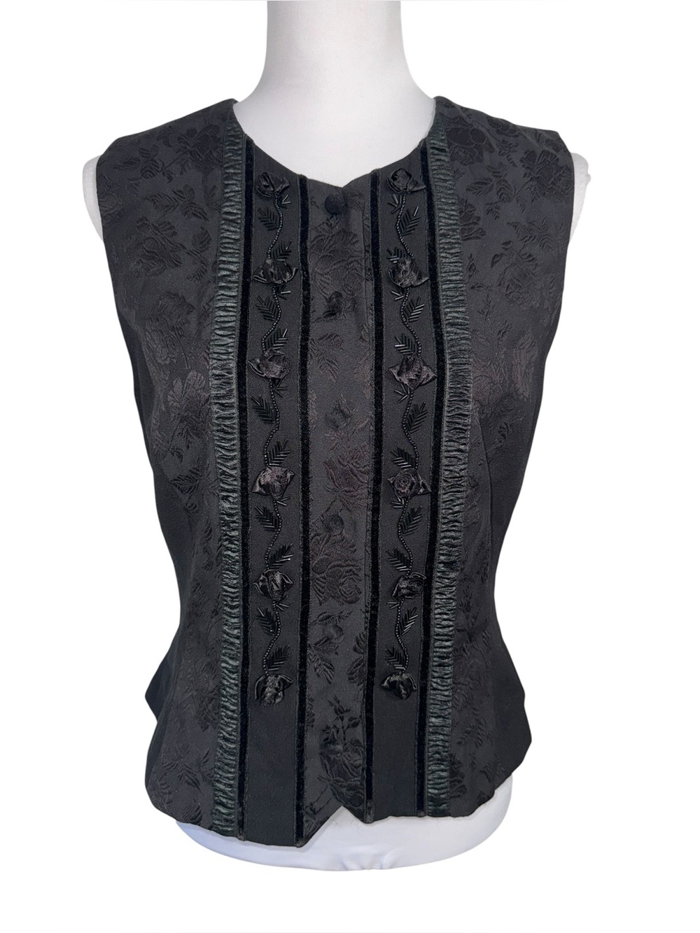 VTG Susan Bristol Black Floral Jacquard Button Front Beaded Vest Vintage Womens